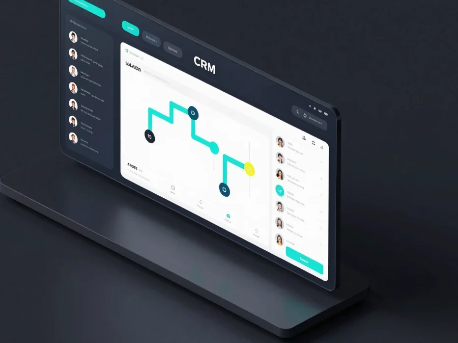 Isometric view of a CRM analytics interface with live data streams and customer pipeline trackers, dark slate background