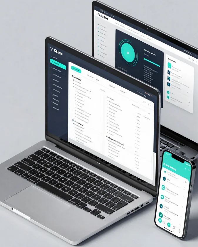 High-precision UI render of a clean CRM dashboard and modern website layout across desktop and mobile devices under high