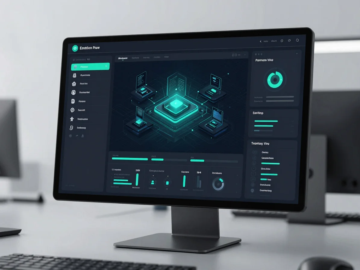 High-precision UI render of a modern website dashboard on a sleek monitor, glowing cyan accents, dark technical studio l